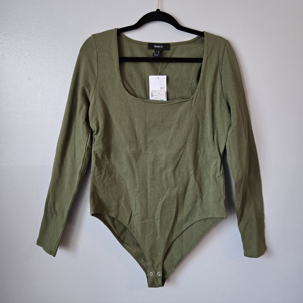 NWT Forever 21+ Olive Green Square Neck Long Sleeve Bodysuit Boho Size 1X